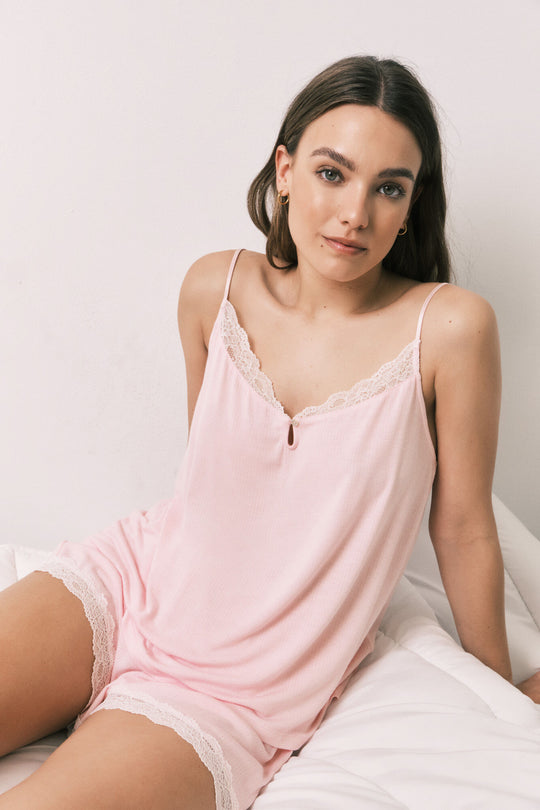 Pink viscose and lace short pyjamas