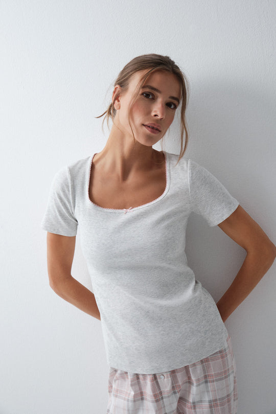 Plaid cotton short sleeve long pyjamas