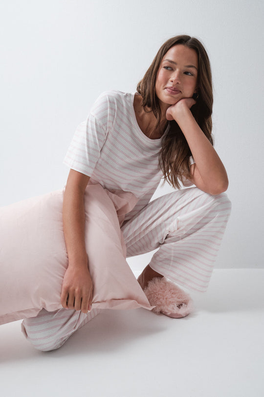 Striped cotton short sleeve long pyjamas
