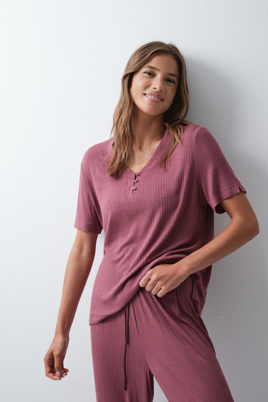 Burgundy short sleeve long pyjamas