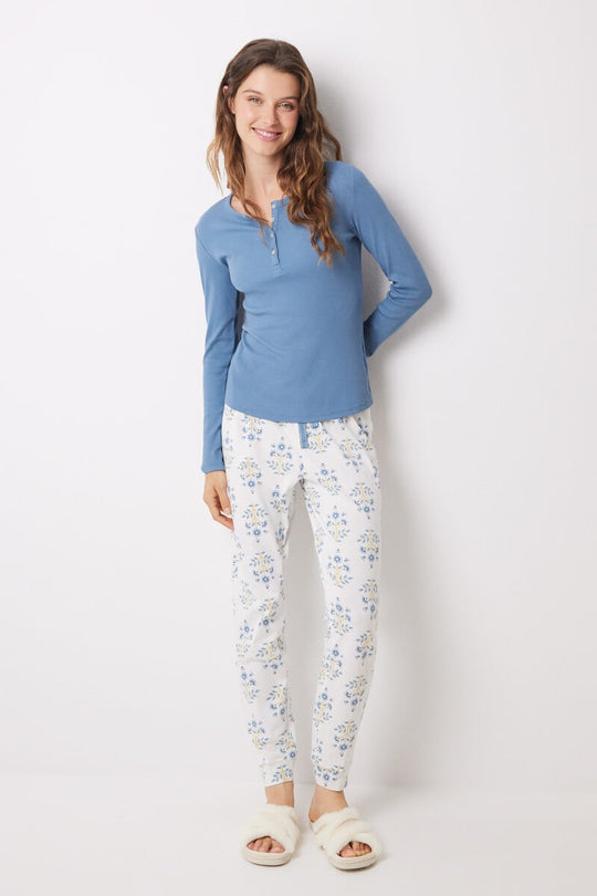 Long blue cotton floral pyjamas