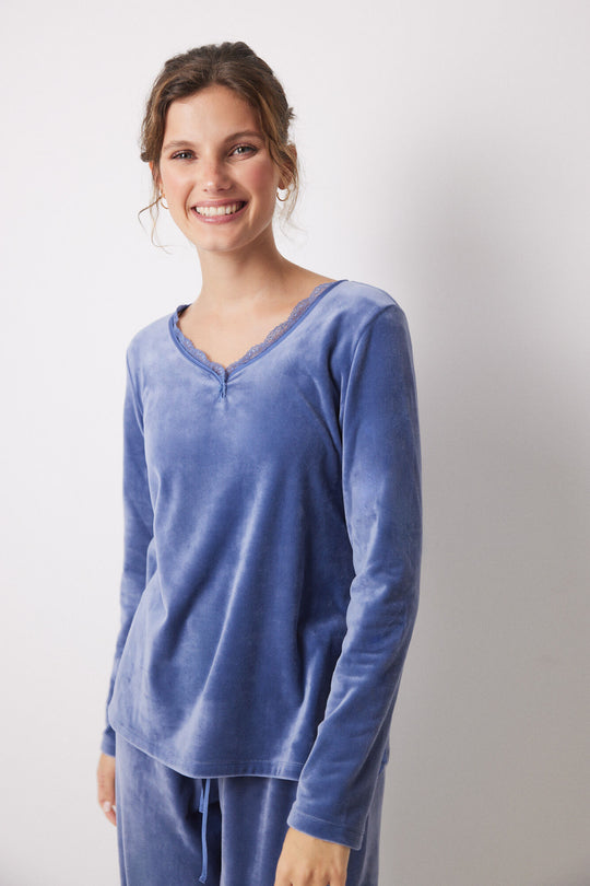 Long blue soft touch velvet pajamas