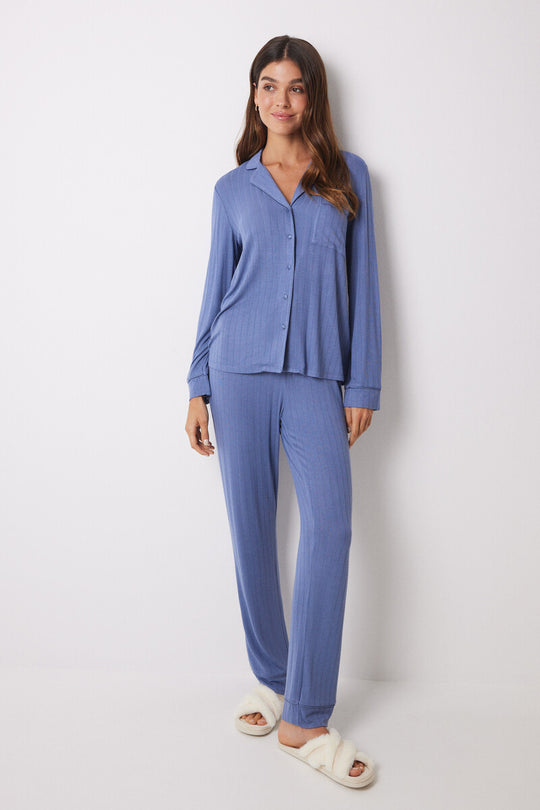 Blue soft touch long shirt pajamas