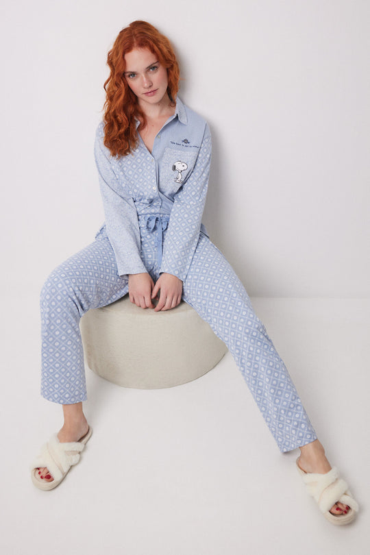 بيجاما كلاسيكية طويلة 100% قطن مخططة ومزينة بالورود