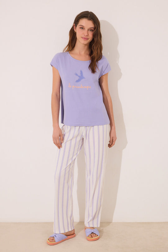 بيجاما منزلية قطنية مخططة باللون البنفسجي المريح
