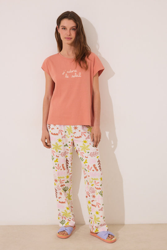 بيجاما قطنية برتقالية مريحة بنقشة أوراق الشجر