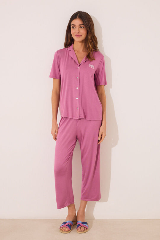 بيجاما كلاسيكية من الفيسكوز باللون الوردي