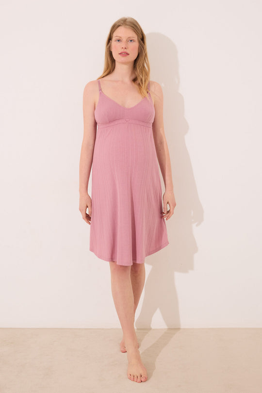 قميص نوم قصير 'أمومة' بنقشة Pointelle وردي