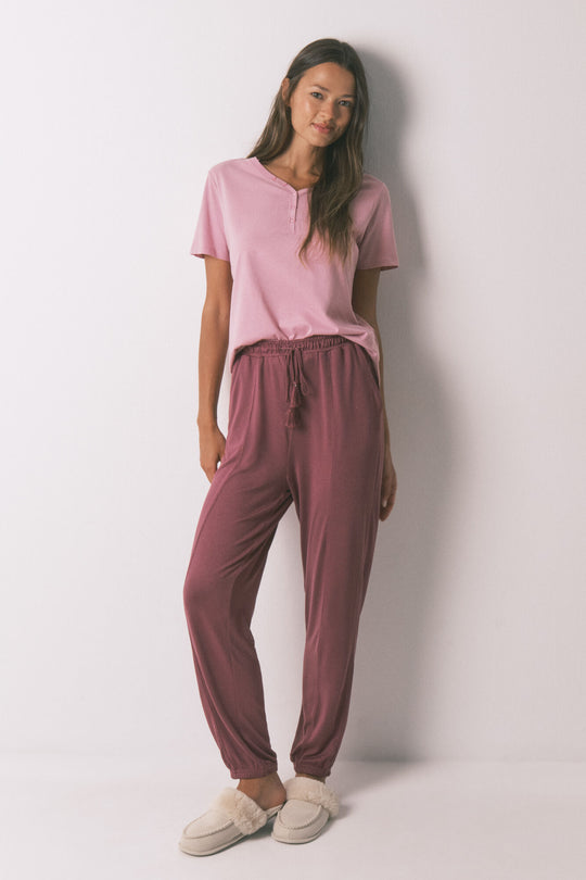 Long soft jersey-knit maroon trouser