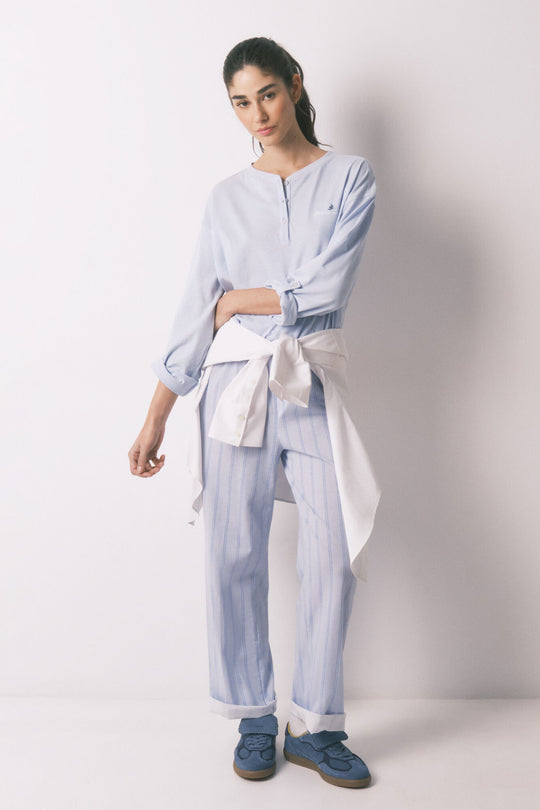 بنطال طويل مخطط من القطن 100% باللون الأزرق