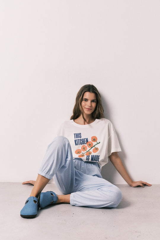 Striped 100% cotton carrot trousers