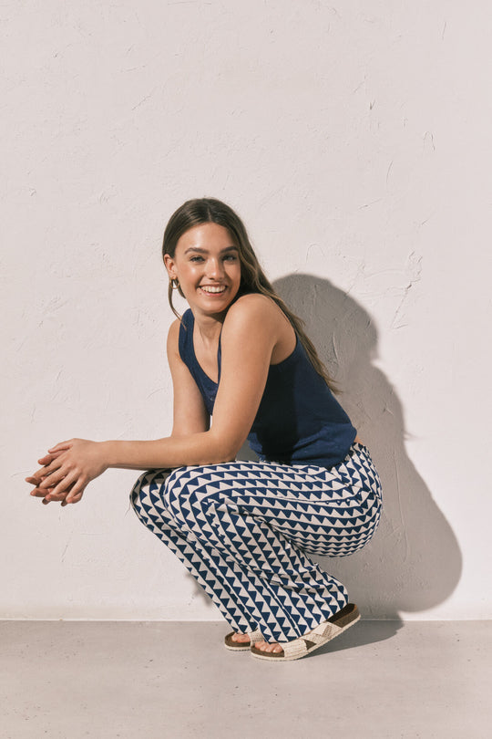 Blue geometric print long trousers