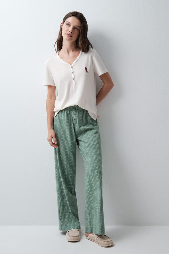 Green cotton floral long trousers
