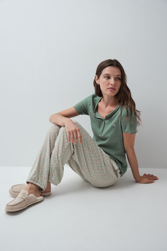 Aqua green print long trousers