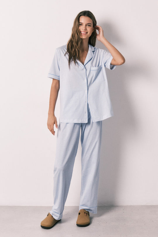 100% cotton striped blue shirt-style pajamas