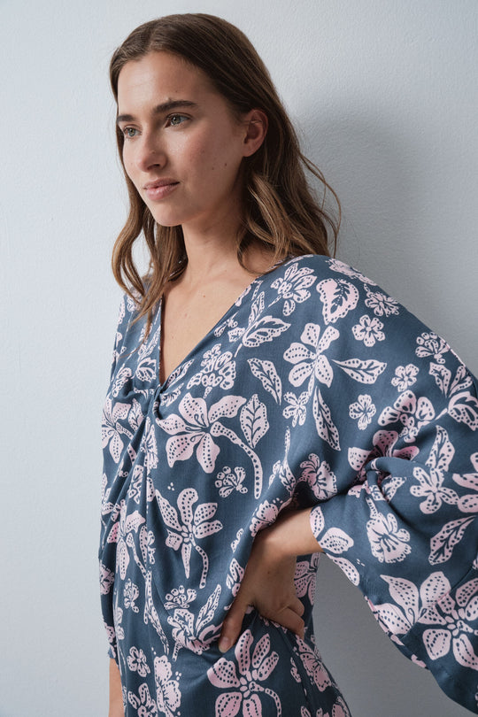 Green floral print viscose kaftan dress