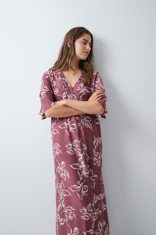 Burgundy floral kaftan long nightgown
