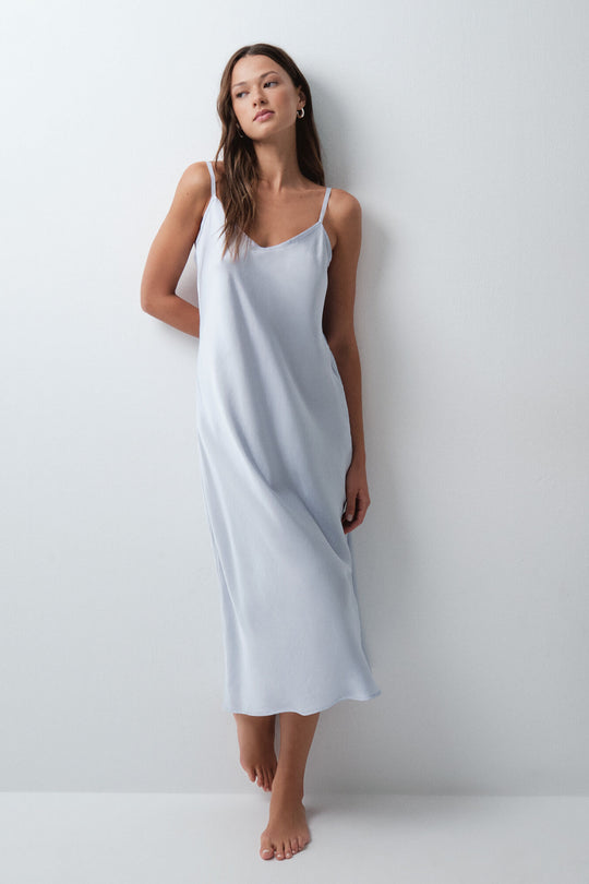 Blue satin-finish long nightgown
