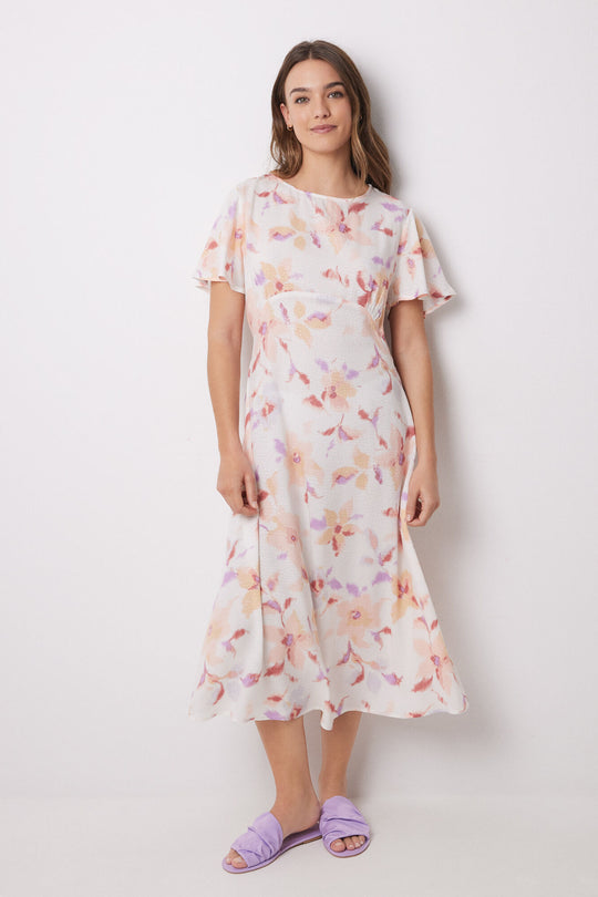 فستان ميدي مزخرف بالزهور من الفيسكوز 