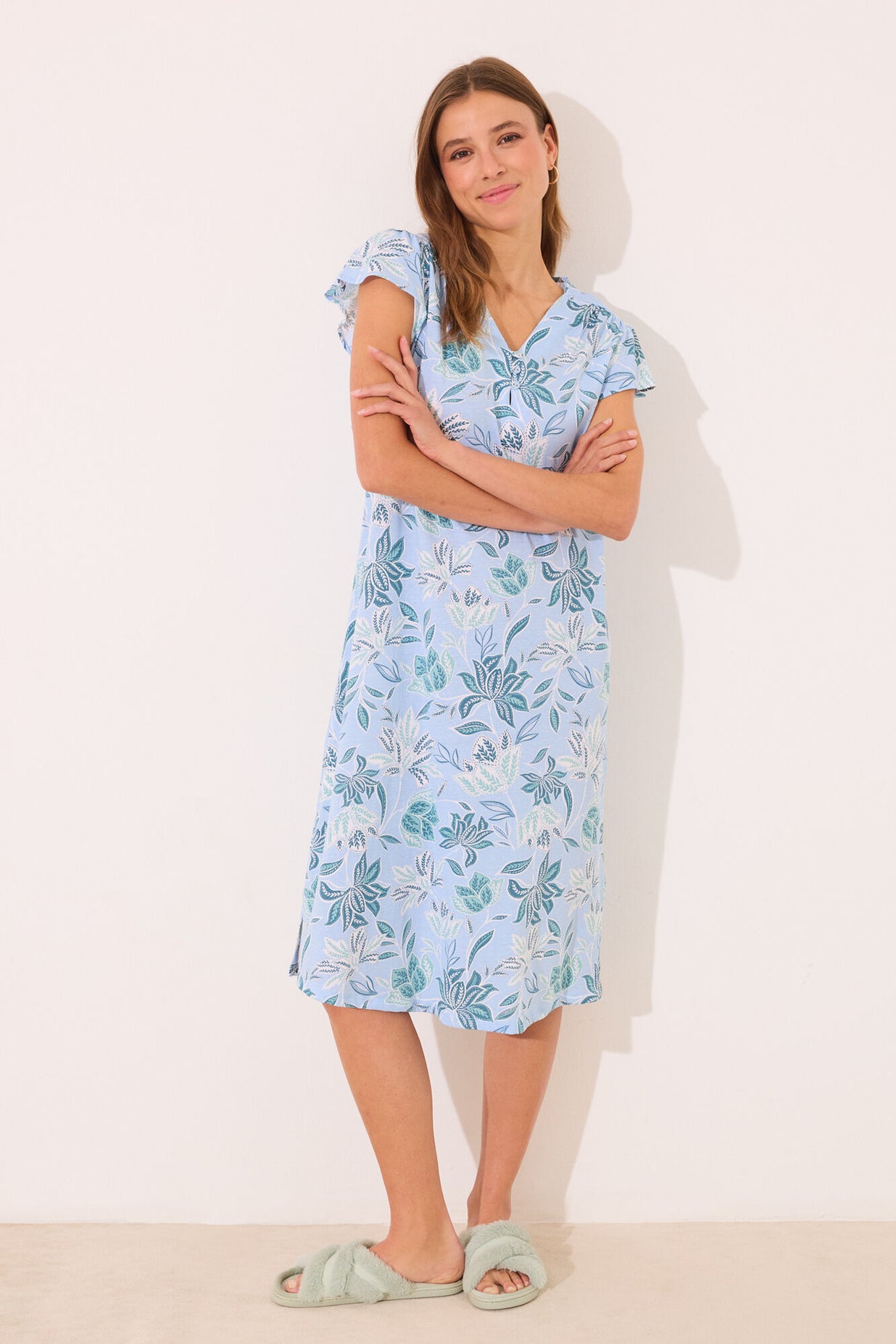 cotton midi night dress 100% cotton midi nightgown with floral print|Blue Print Night dress|Women'secret  – Women'secret KSA