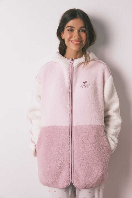 Multicoloured faux shearling robe with hood