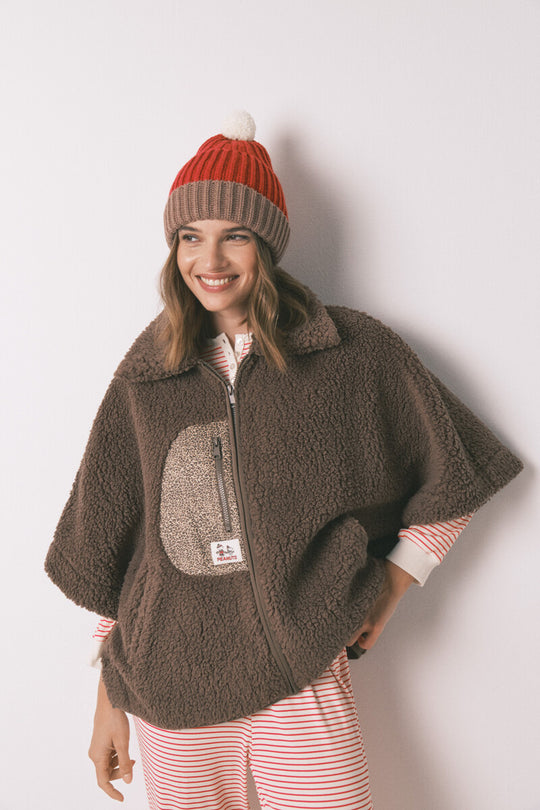 Brown Snoopy faux shearling poncho short robe