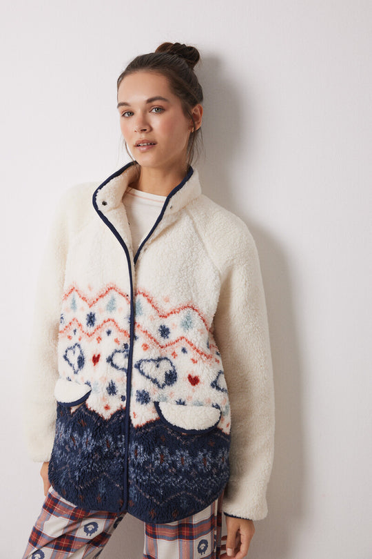 روب سنوبي أبيض بتأثير الفرو الصناعي قصير 