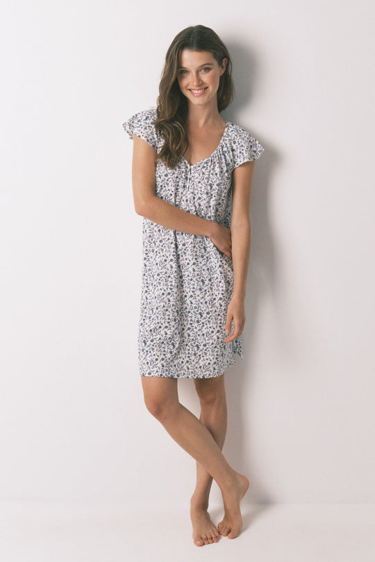 Short nightgown with dark khaki flowers