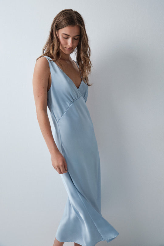 Blue satin-finish long nightgown