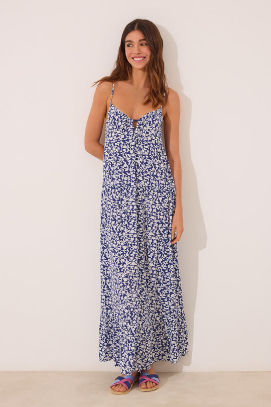 Long dress with straps and blue print
