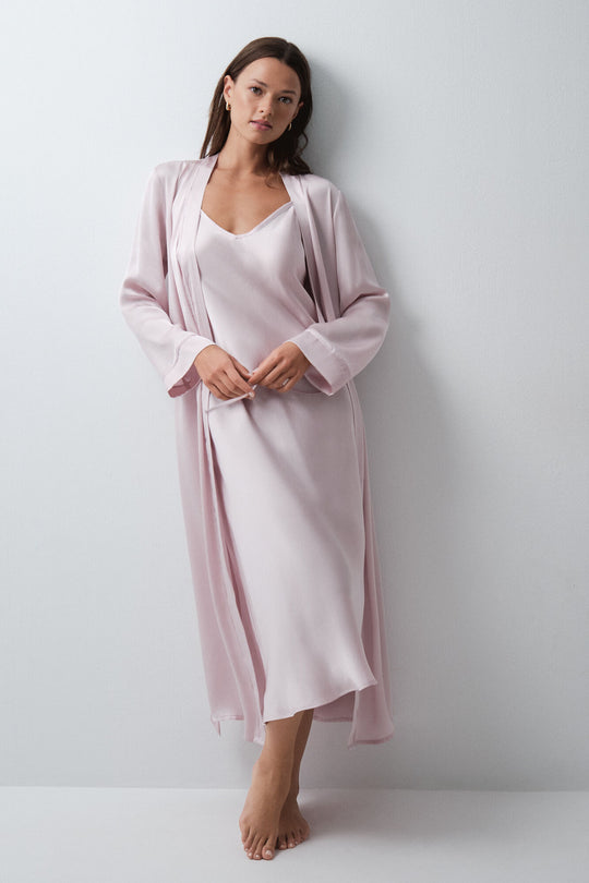 Pink satin-finish long robe with belt