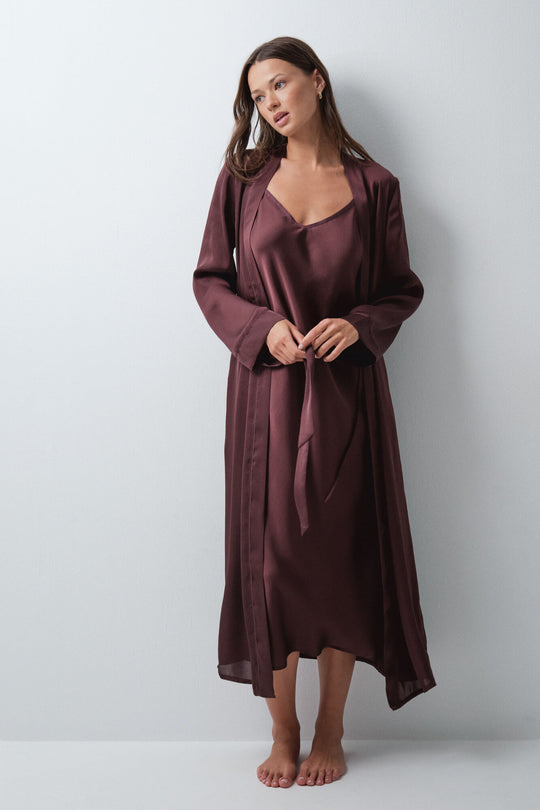 Burgundy satin-finish long robe with belt