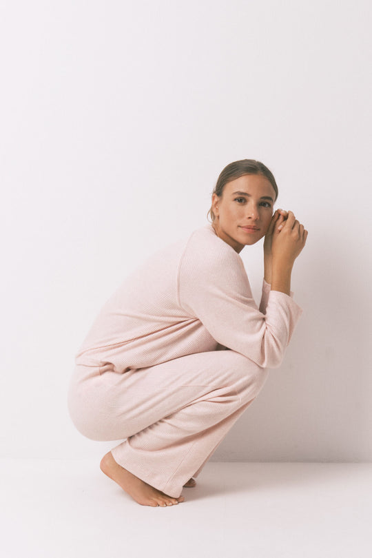 Long pink brushed ribbed pajamas