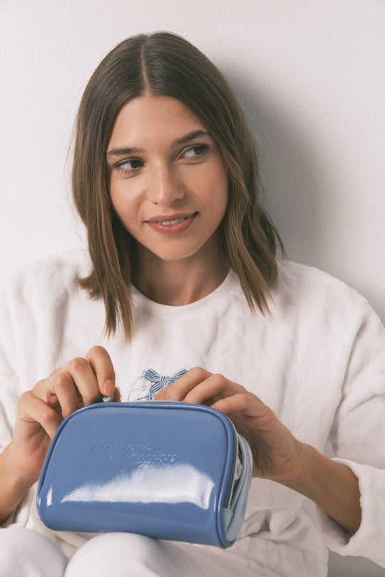 Small blue patent leather vanity case