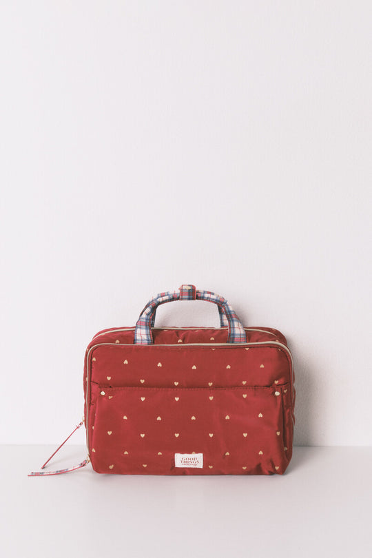 Large red nylon vanity case with heart print