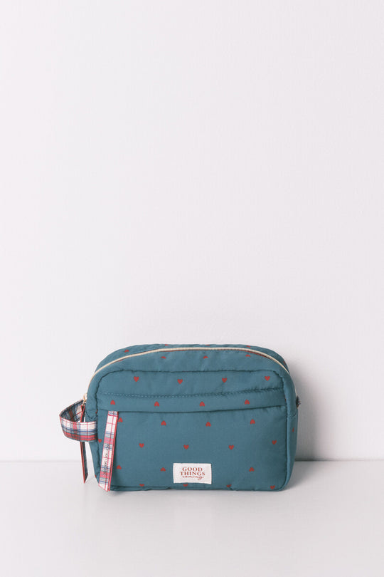 Medium green nylon vanity case with heart print