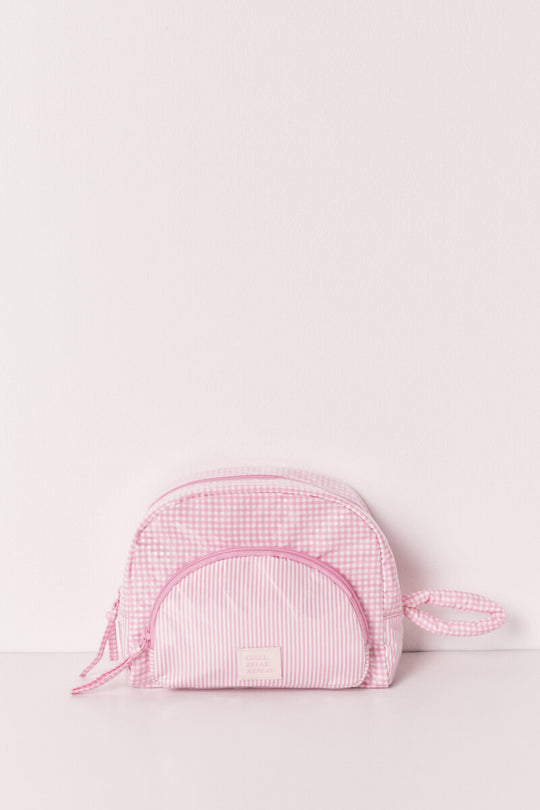 Pink checkered striped padded toiletry bag