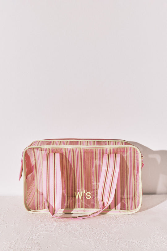 Green and pink striped mesh medium vanity case