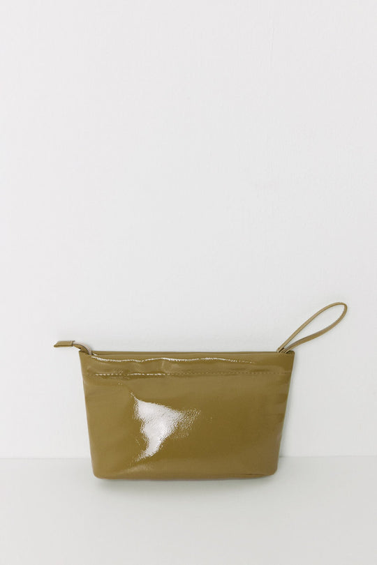 Small green quilted patent leather toiletry bag