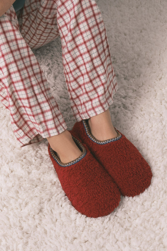 Red faux shearling slippers