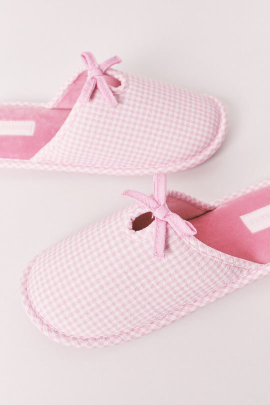 Pink gingham checkered house slippers with bow