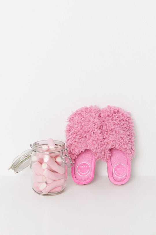 Pink Smiley Fur House Slippers