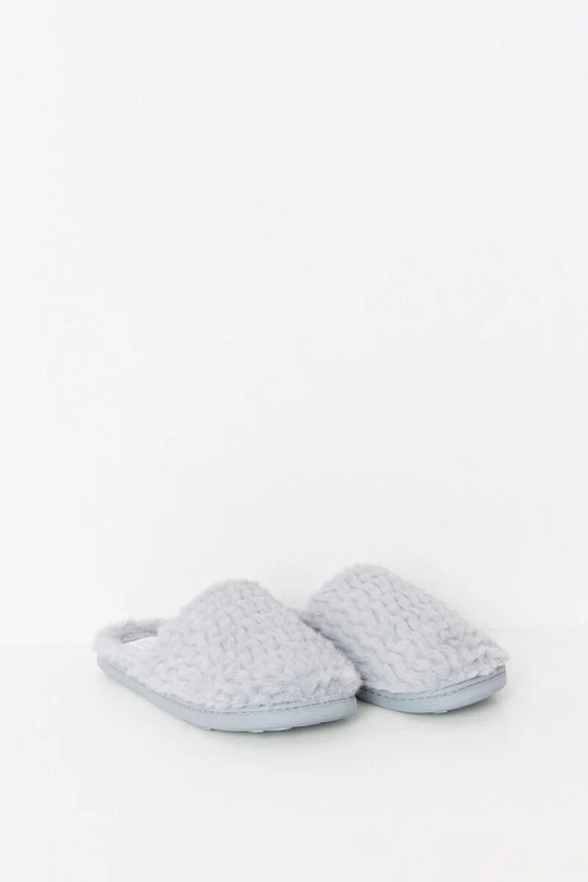 House slippers made of grey fur fabric