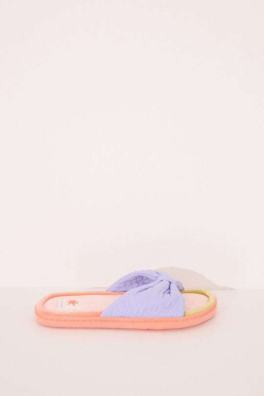 Open-toed slippers with velour bow or tie
