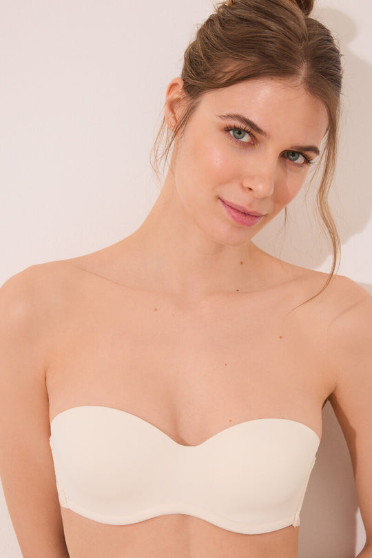 STRAPLESS bra in microfibre and cream lace