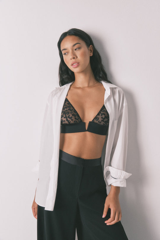 Black metallic embroidered tulle bra